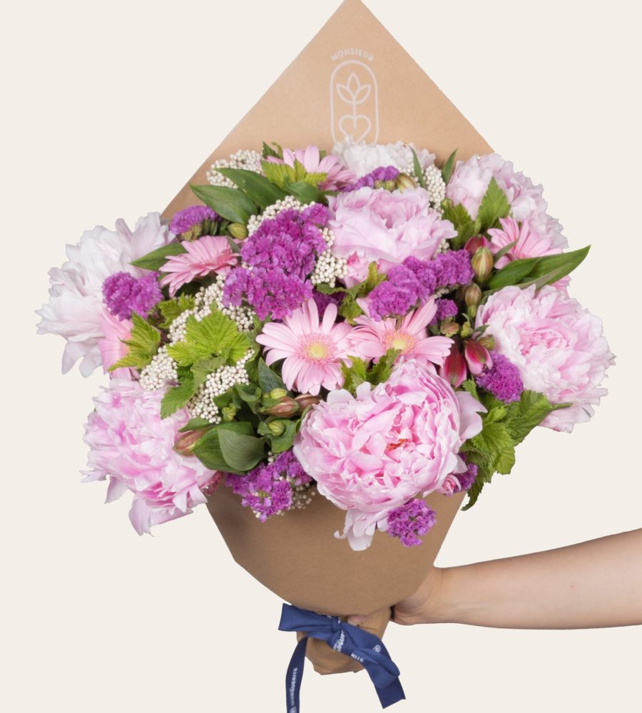 Bouquet de fleurs de saison tons rose et mauve livraison à domicile bloomyrama