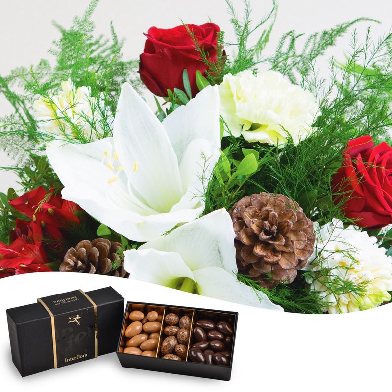 Bouquet créatif du fleuriste pour Noël et amandes au chocolat Interflora comparateur bloomyrama
