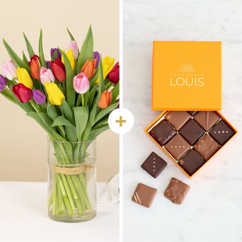 Brassée de tulipes multicolores avec coffret de chocolats pralinés plante fraîche Interflora disponible sur le comparateur bloomyrama