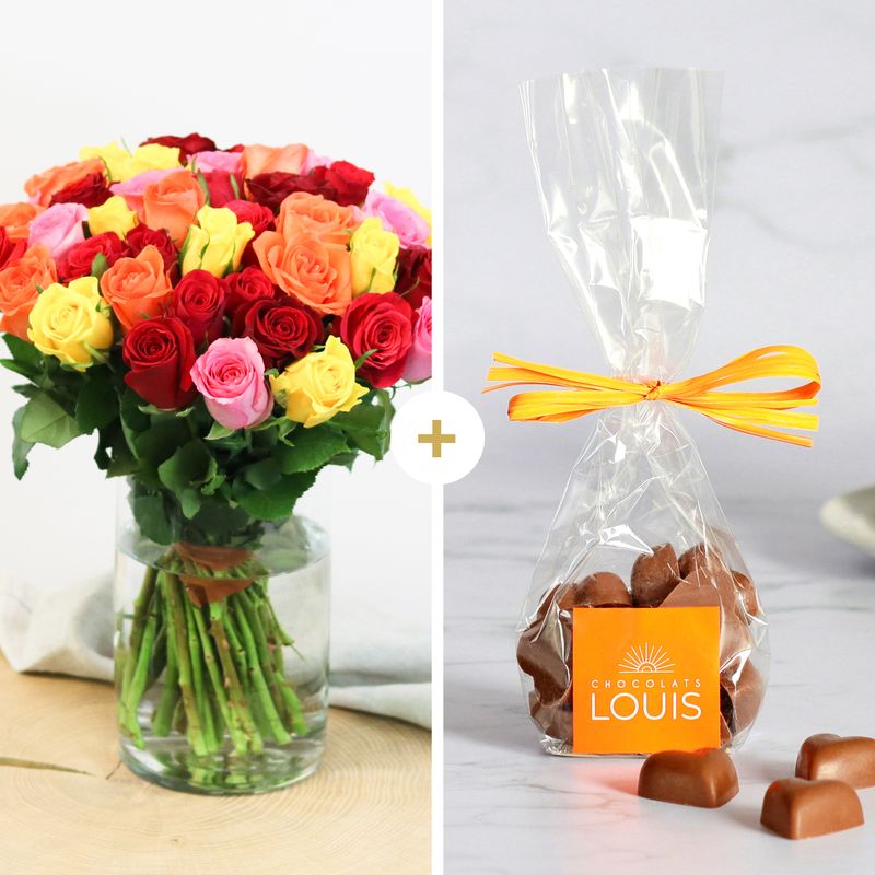 Roses multicolores chocolats festifs livraison Interflora comparateur de fleurs bloomyrama
