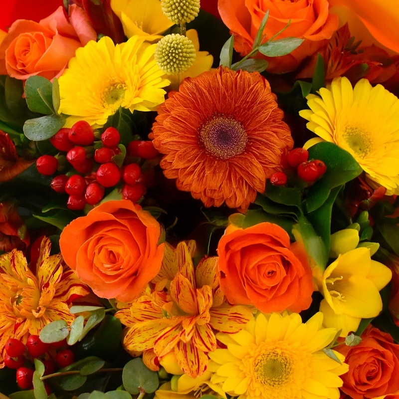 bouquet du fleuriste jaune orange livré par interflora trouvé sur le comparateur de fleurs bloomyrama