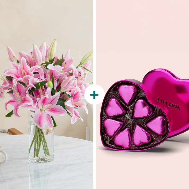 Brassée de lys roses et chocolat fauchon livraiosn interflora bloomyrama comparateur de fleurs