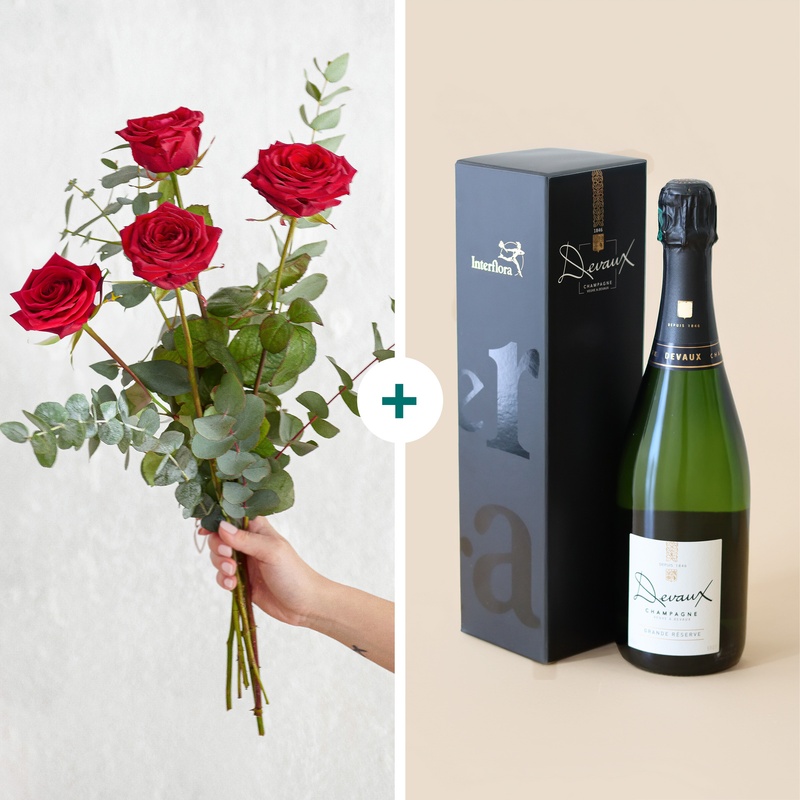Bouquet de roses rouges avec eucalyptus et bouteille de champagne cadeau romantique Interflora disponible sur le comparateur bloomyrama