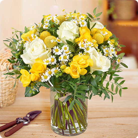 Bouquet du Printemps, roses blanches, freesias jaunes, craspédias, sur le comparateur de fleurs bloomyrama.
