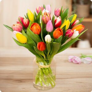 Bouquet de tulipes multicolores, une brassée lumineuse et éclatante aux couleurs du printemps trouvée sur bloomyrama