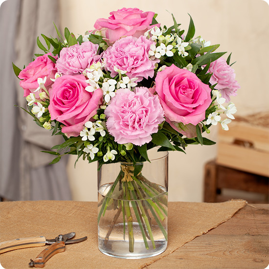 bouquet macaron roses œillets livré par 123fleurs trouvé sur le comparateur de fleurs bloomyrama