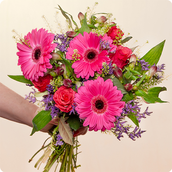Bouquet germinis fuchsia roses rouges statice et feuillage vert livré par 123fleurs vu sur le comparateur de fleurs bloomyrama