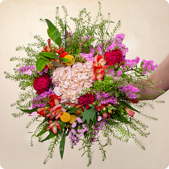 Bouquet rond hortensia rose œillet craspédia alstroemeria fleurs de saison livré par 123fleurs vu sur le comparateur de fleurs bloomyrama