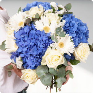 Bouquet rond avec hortensia bleu rose blanche germini et eucalyptus livré par 123fleurs vu sur le comparateur de fleurs bloomyrama