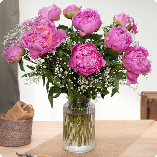 Bouquet Amour de Pivoines avec pivoines fuchsia et gypsophile livré par 123fleurs vu sur le comparateur de fleurs bloomyrama