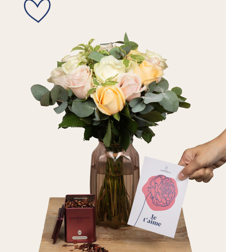 bouquet roses multicolores infusion et carte je t aime vu sur le comparateur bloomyrama