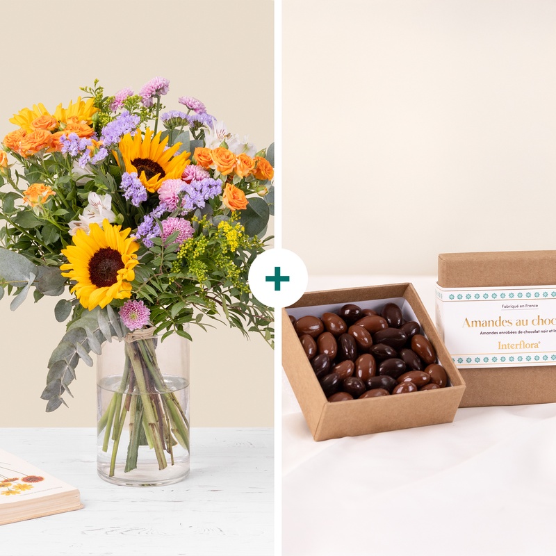 bouquet de tournesols statice alstroemerias avec chocolats interflora vu sur bloomyrama