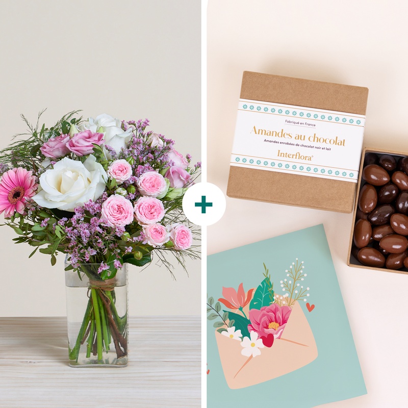 bouquet roses roses et blanches avec chocolats pour maitresse vu sur le comparateur bloomyrama