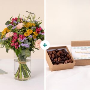 bouquet éclat coloré alstroemerias statice eucalyptus avec amandes chocolat interflora vu sur bloomyrama