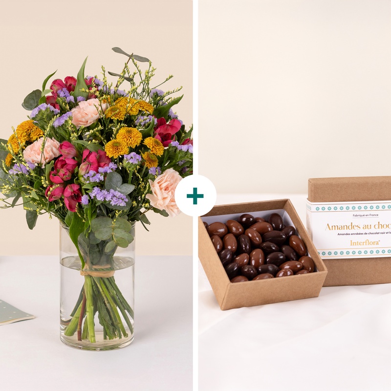 bouquet éclat coloré alstroemerias statice eucalyptus avec amandes chocolat interflora vu sur bloomyrama