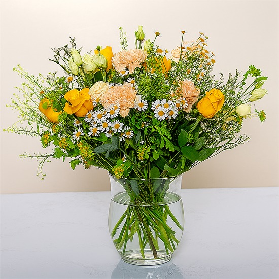 Bouquet Cœur d’Or roses jaunes œillets pêche 123fleurs bloomyrama