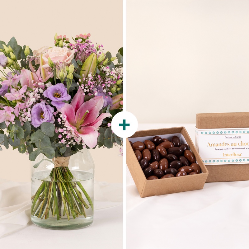 bouquet nuage poudré parme rose fleurs fraîches et amandes chocolat interflora vu sur le comparateur bloomyrama