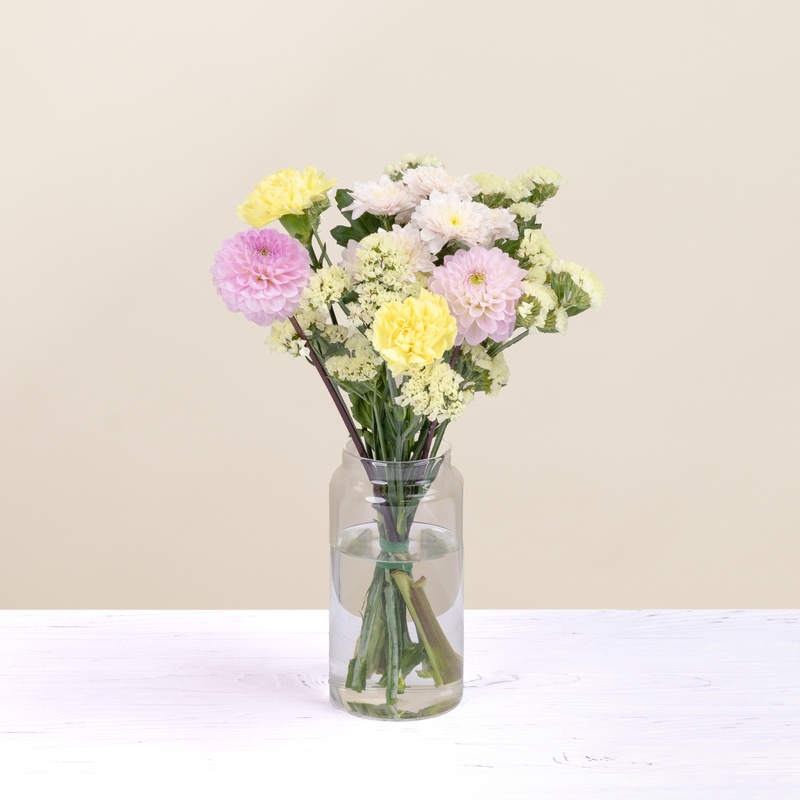Bouquet saison des dahlias pastel en trois tailles avec fleurs fraîches Interflora vu sur le comparateur bloomyrama