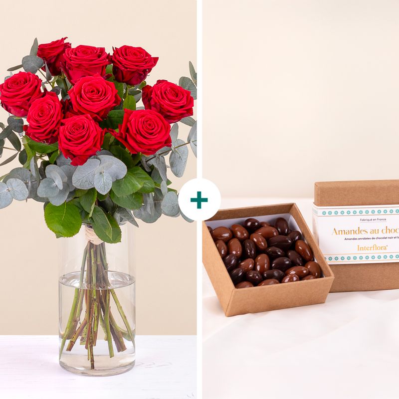 bouquet Mon Grand Amour roses rouges avec amandes chocolat Interflora bloomyrama