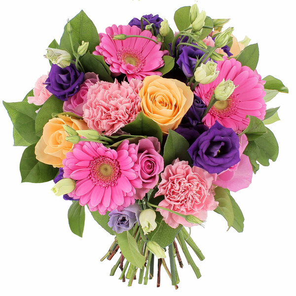 bouquet rond rose et mauve lisianthus œillets gerberas livraison Florajet comparateur de fleurs bloomyrama