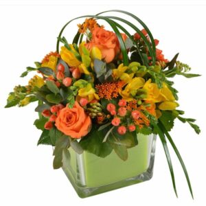 Composition bellezza Florajet rose et freesia jaune orange comparateur de fleurs blommyrama