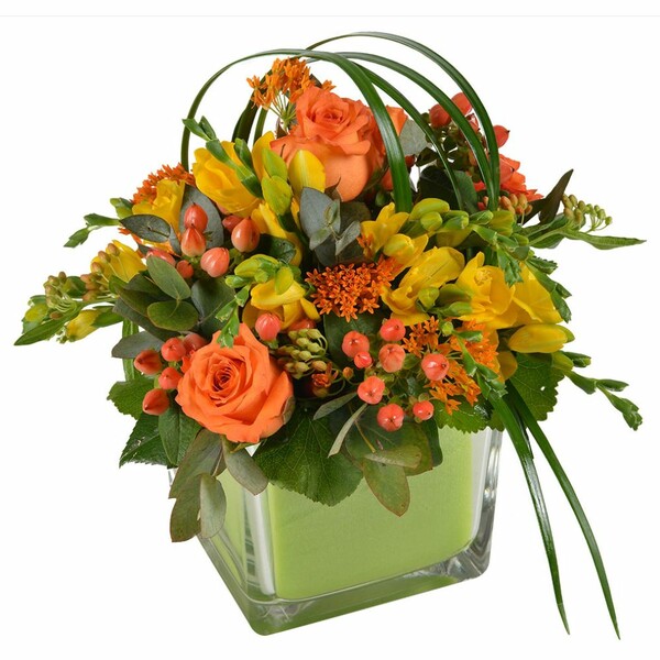 Composition bellezza Florajet rose et freesia jaune orange comparateur de fleurs blommyrama