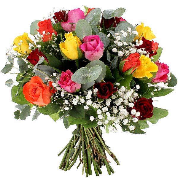 bouquet celeste Florajet avec roses multicolores gypsophile et eucalyptus disponible sur le comparateur bloomyrama