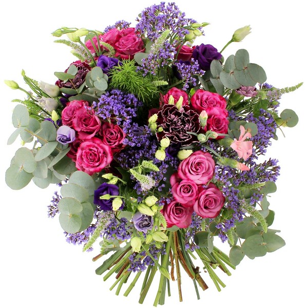 bouquet monarque Florajet fleurs violettes et roses avec roses lisianthus et oeillets disponible sur le comparateur bloomyrama