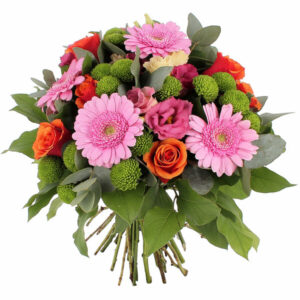 bouquet reflet aurore avec germinis roses et lisianthus disponible sur le comparateur bloomyrama