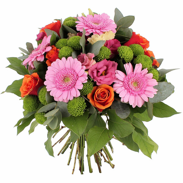 bouquet reflet aurore avec germinis roses et lisianthus disponible sur le comparateur bloomyrama