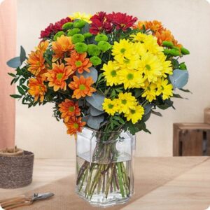 Bouquet Douceur dAutomne chrysanthemes santini lentisque eucalyptus 123fleurs bloomyrama