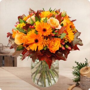 Bouquet Couleurs d'Automne roses orange germinis asclepia hypéricum 123fleurs bloomyrama