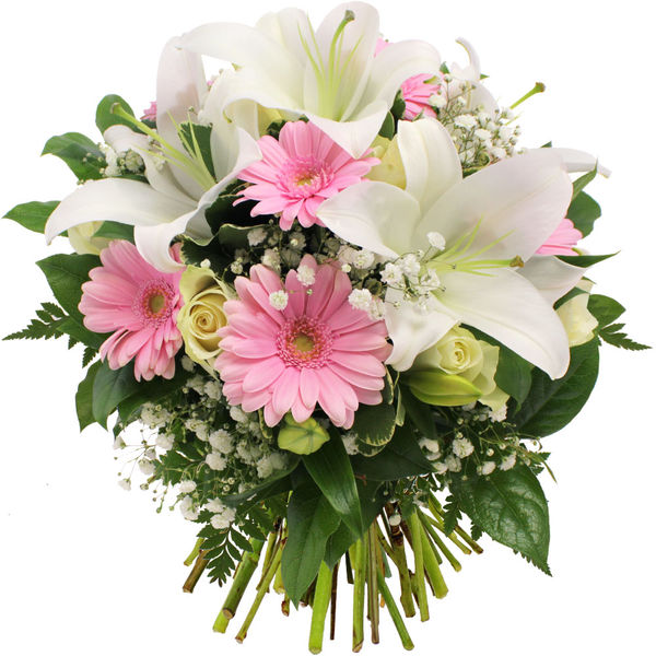 Bouquet Bel Air avec roses germinis lys et feuillages Florajet disponible sur bloomyrama