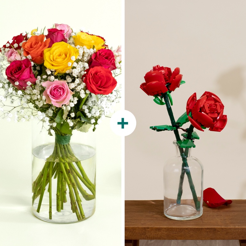 bouquet de roses multicolores avec set lego interflora disponible sur le comparateur bloomyrama
