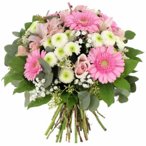 Bouquet Prélude Florajet roses germinis fleurettes rond rose blanc