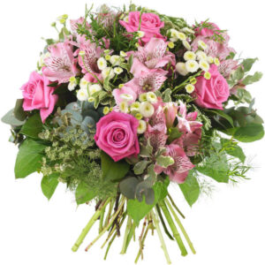 Bouquet Palmarosa Florajet tons roses avec roses matricaires dills alstromerias bloomyrama