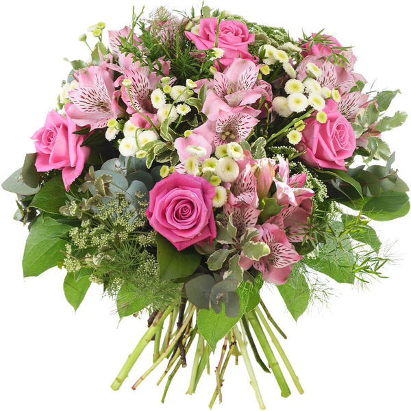 Bouquet Palmarosa Florajet tons roses avec roses matricaires dills alstromerias bloomyrama