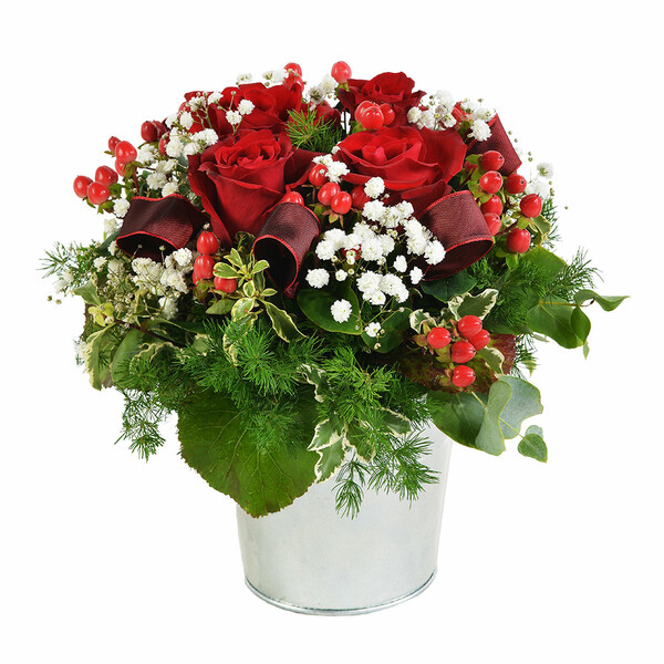 Composition florale Aphrodite Florajet roses rouges feuillages Florajet bloomyrama