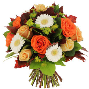 Bouquet equinoxe automne avec germinis chrysanthèmes callas et feuilles érable Florajet disponible sur bloomyrama