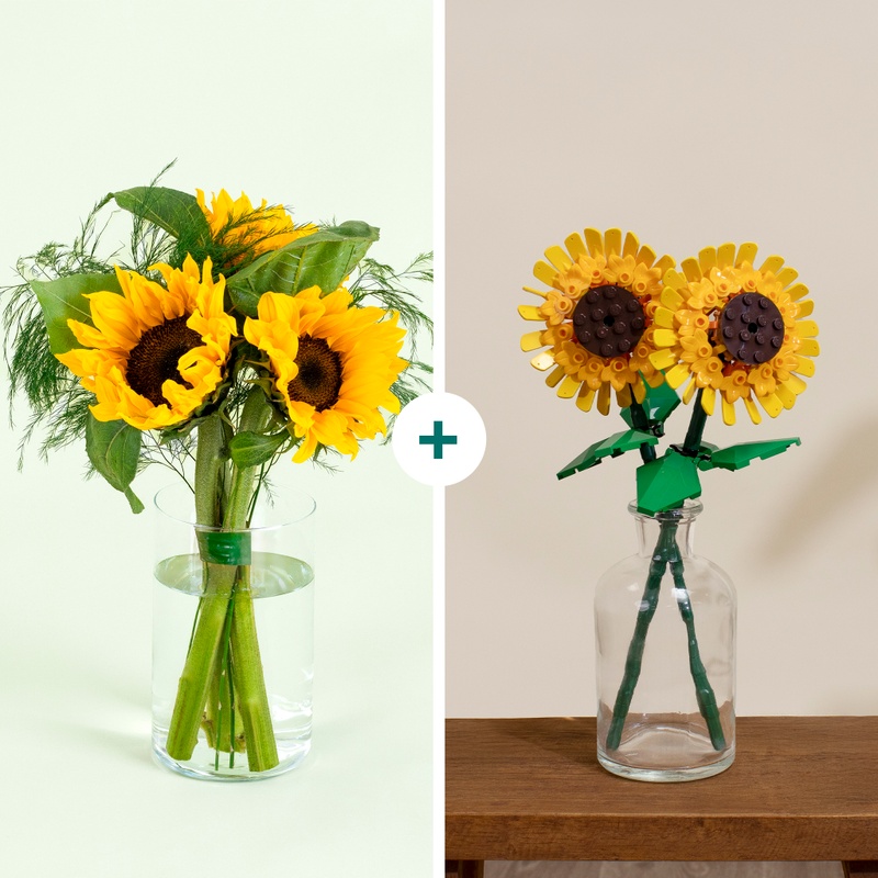 bouquet de tournesols frais avec set lego tournesols interflora disponible sur le comparateur bloomyrama
