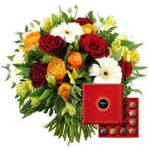 Bouquet Alchimie Florajet fleurs colorées rochers chocolat gourmandise bloomyrama