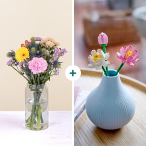 Duo de bonheur bouquet fleurs multicolores et LEGO lotus Interflora vu sur le comparateur bloomyrama