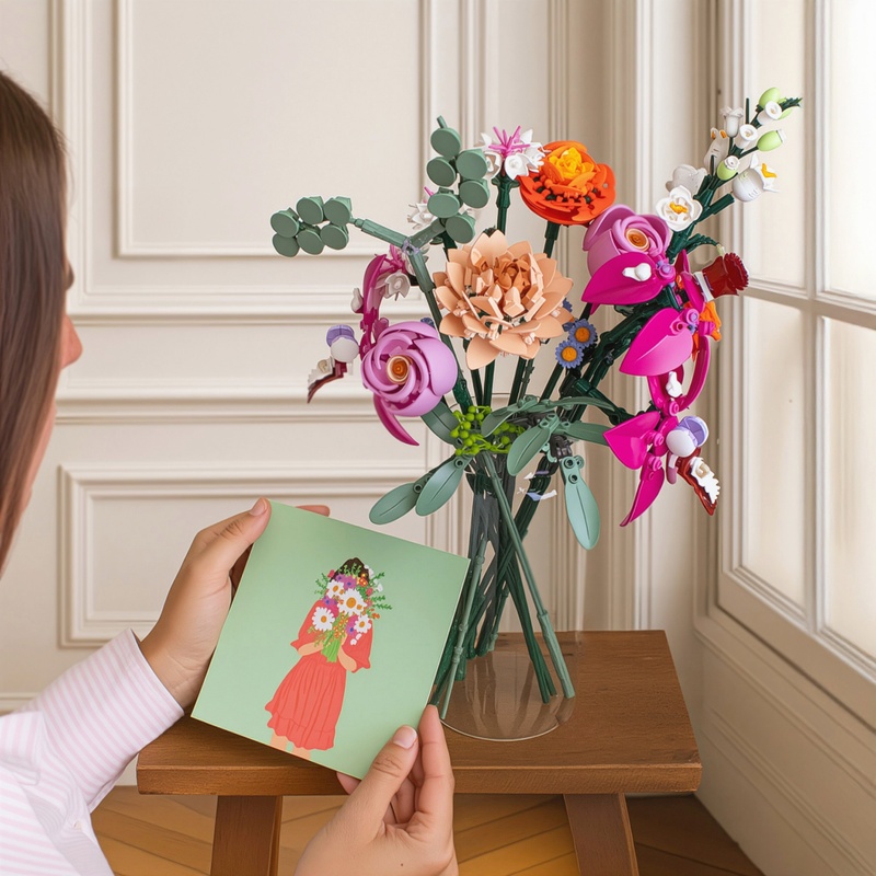 bouquet lego fleurs roses avec vase en verre et carte message interflora disponible sur le comparateur bloomyrama