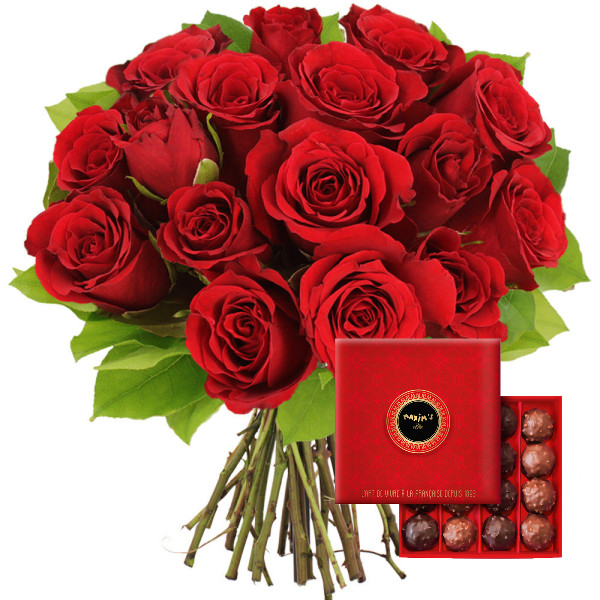 Coffret 15 roses rouges et 16 chocolats Maxims Florajet vu sur le comparateur bloomyrama