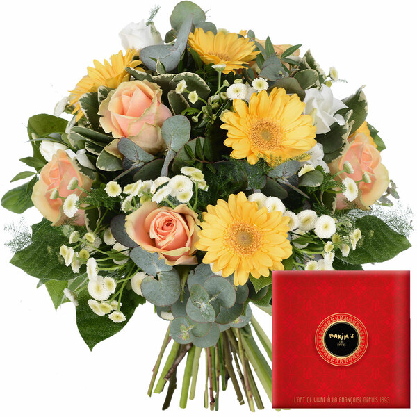 Bouquet jaune blanc orange avec 16 chocolats Maxims Florajet vu sur le comparateur bloomyrama