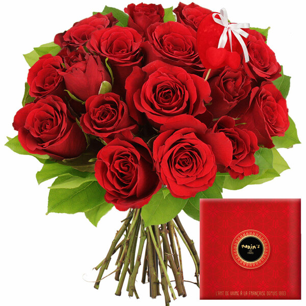 Coffret 15 roses rouges pic coeur et chocolats Maxims Florajet vu sur le comparateur bloomyrama