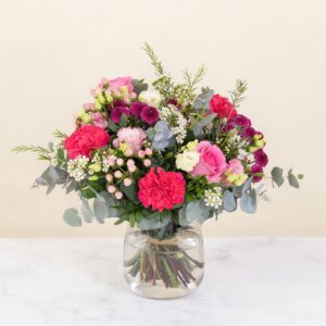 Bouquet Éternelle Gratitude Interflora roses lisianthus eucalyptus tons roses et violets livraison interflora bloomyrama