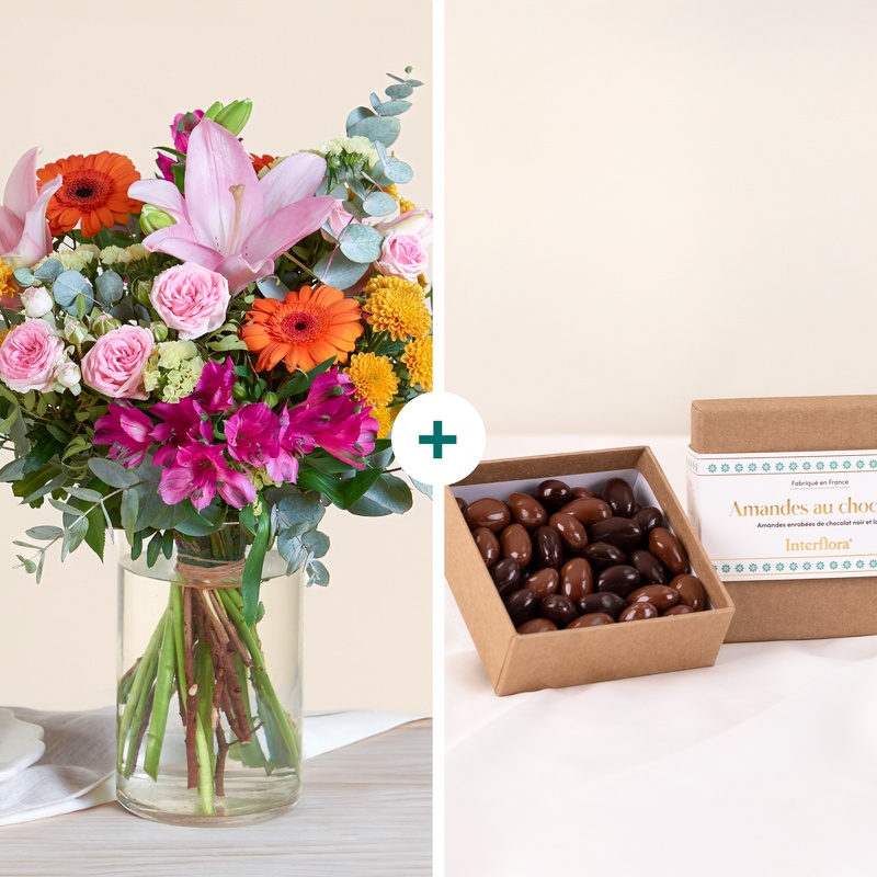 Bouquet coloré et festif avec fleurs roses orangées et amandes au chocolat Interflora vu sur bloomyrama