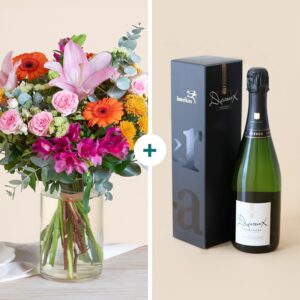 Bouquet coloré et festif avec champagne Devaux Interflora vu sur le comparateur bloomyrama