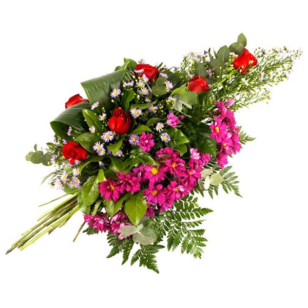 Gerbe fleurs rouges roses chrysanthèmes roses asters florajet vu sur le comparateur de fleurs bloomyrama